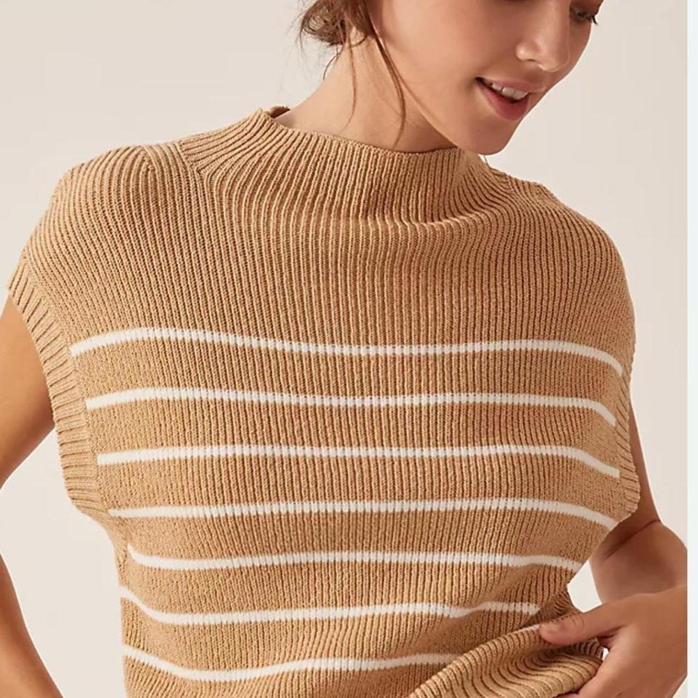 Camel Tan White Striped Mock Neck Sleeveless Sweater Vest Knit Top Ribbed Trim